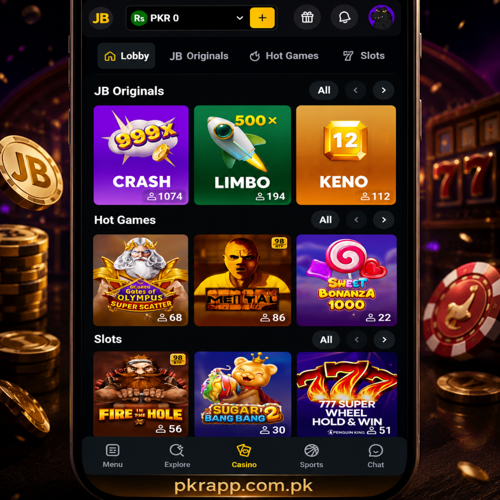 jb game mobile app interface showing login screen, game categories, rewards, daily spins, and Android gaming platform dashboard
