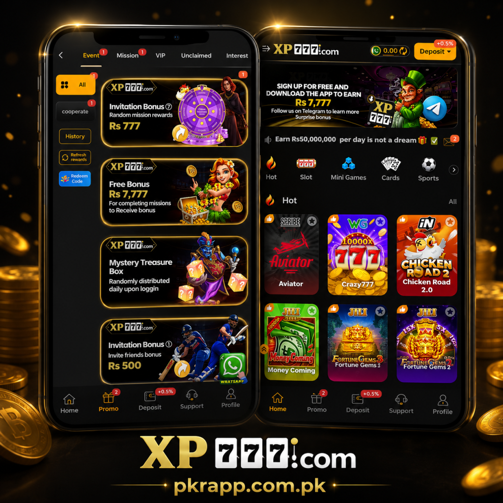 XP777 online gaming platform interface showing game categories on a mobile screen