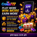 "CROWN777 app interface showing games, daily rewards, login, registration, deposit, withdrawal, missions, jackpot, and invite bonus on an Android smartphone."