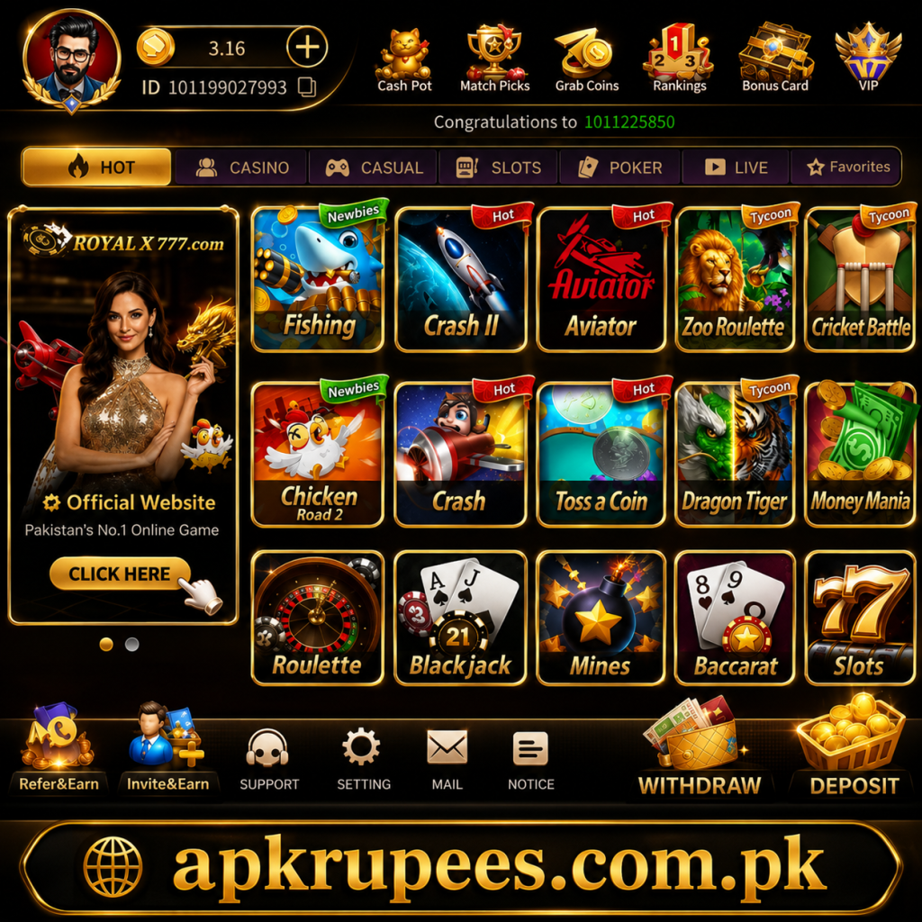 Royal X Casino online gaming platform featuring casino-style games, rewards, missions, and jackpot options.
