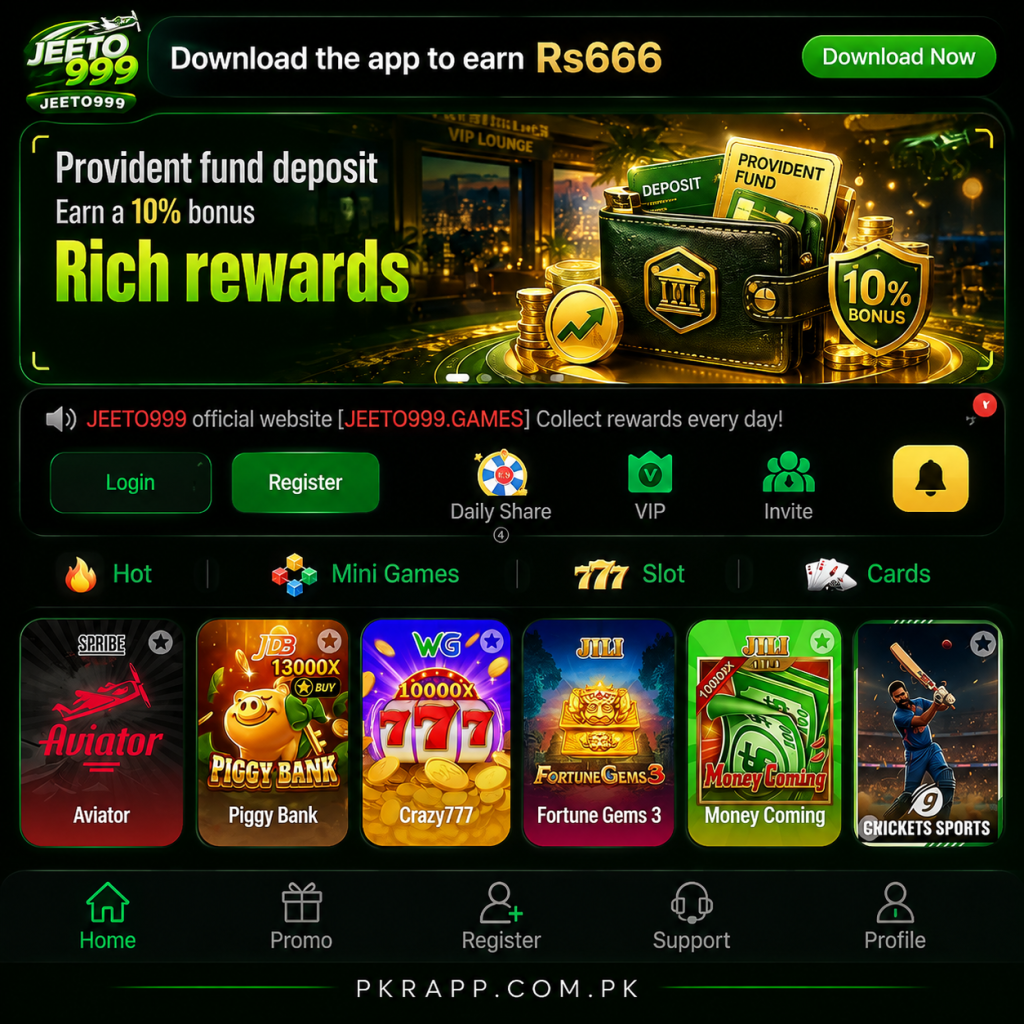 Jeeto 999 gaming app homepage featuring a rich rewards banner, login and register buttons, casino games, VIP and invite options, and PKRAPP.COM.PK branding.