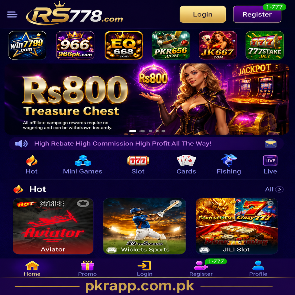 RS778 online gaming platform interface featuring multiple game categories, rewards, account options, and a simple digital design.