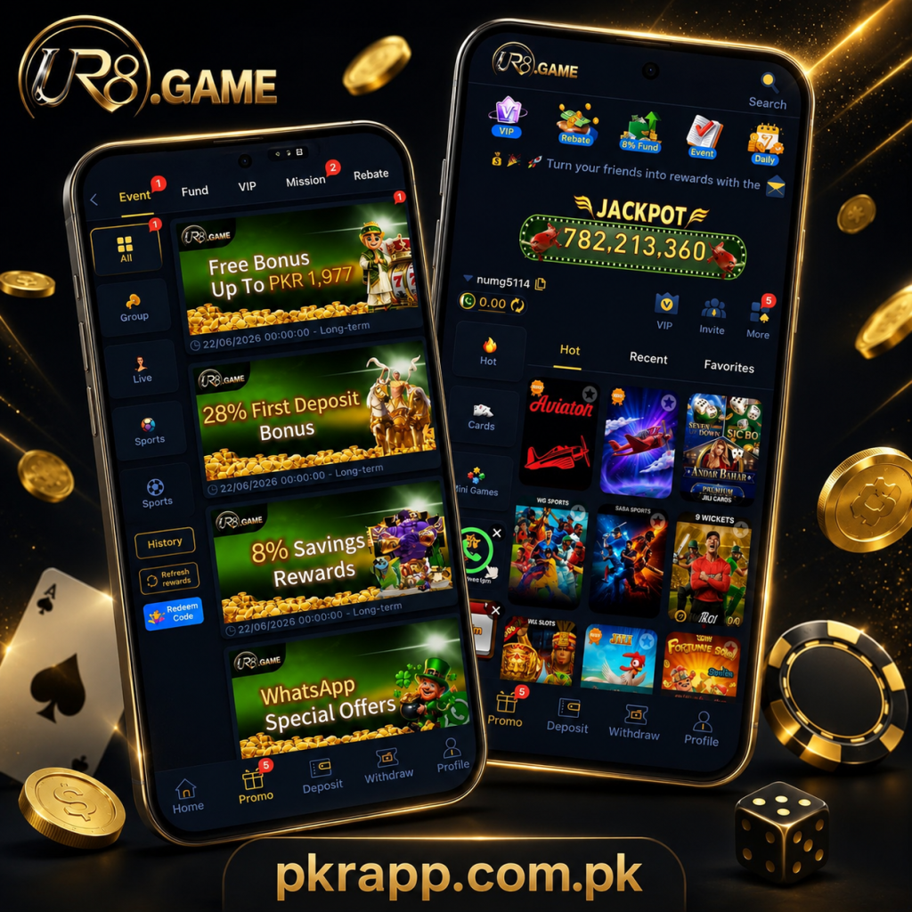 Ur8 app interface showing games, rewards, login screen, registration, daily bonuses, and mobile gaming dashboard