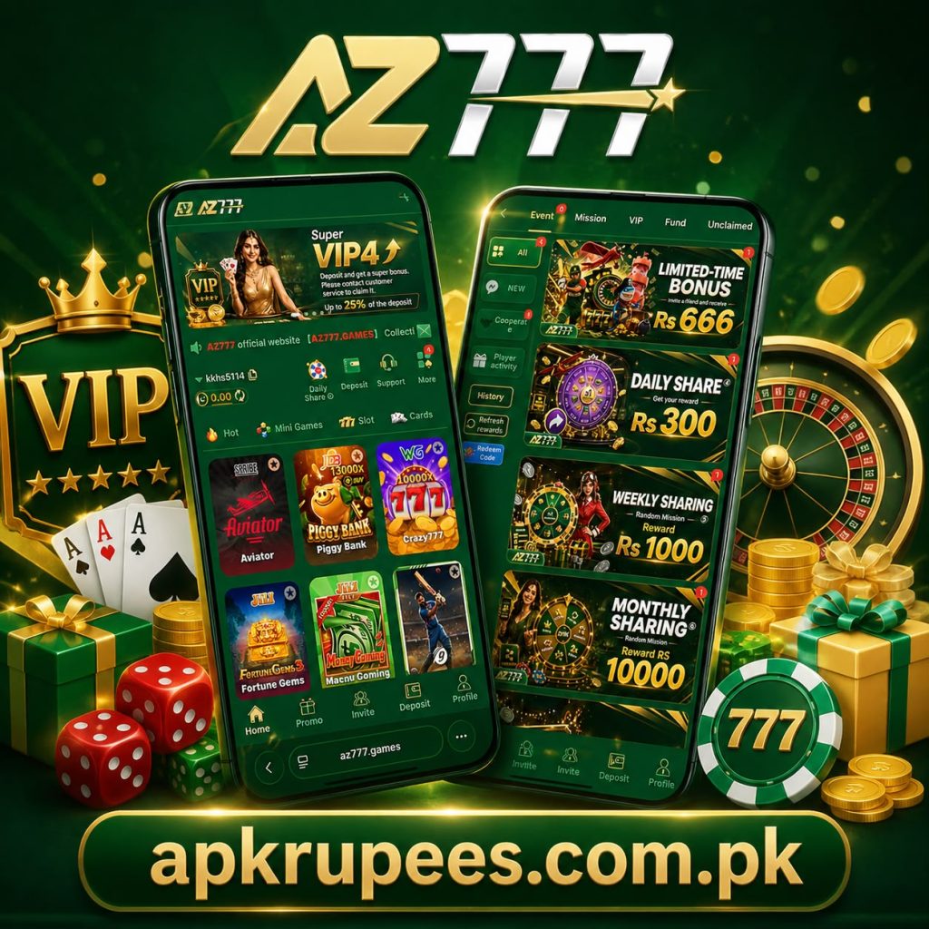 AZ777 online gaming platform featuring multiple game categories, rewards, missions, jackpot, and account features.